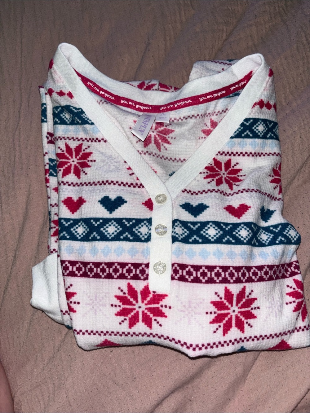 No Boundaries White Long Sleeve Henley with Red and Blue snowflake dress